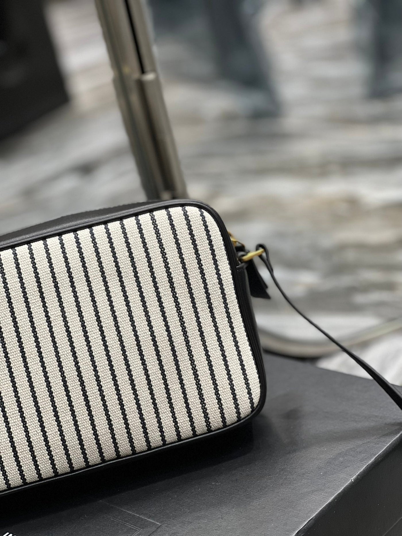 saint laurent lou medium Y*L striped canvas camera crossbody bag in grey cream - image 2