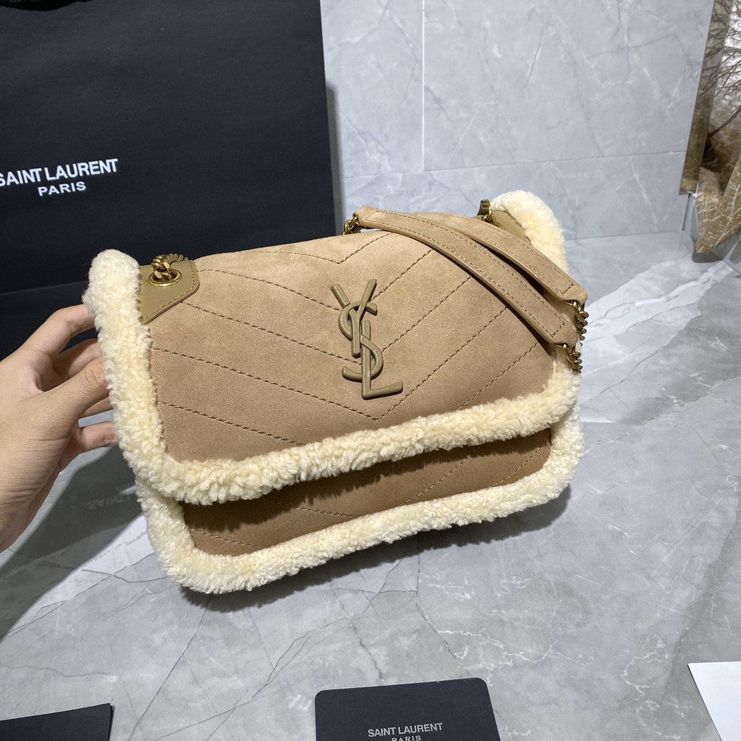 saint laurent medium niki shoulder bag in tan/cream nubuck and shearling brown beige - main image