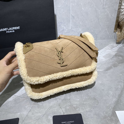 saint laurent medium niki shoulder bag in tan/cream nubuck and shearling brown beige - main image