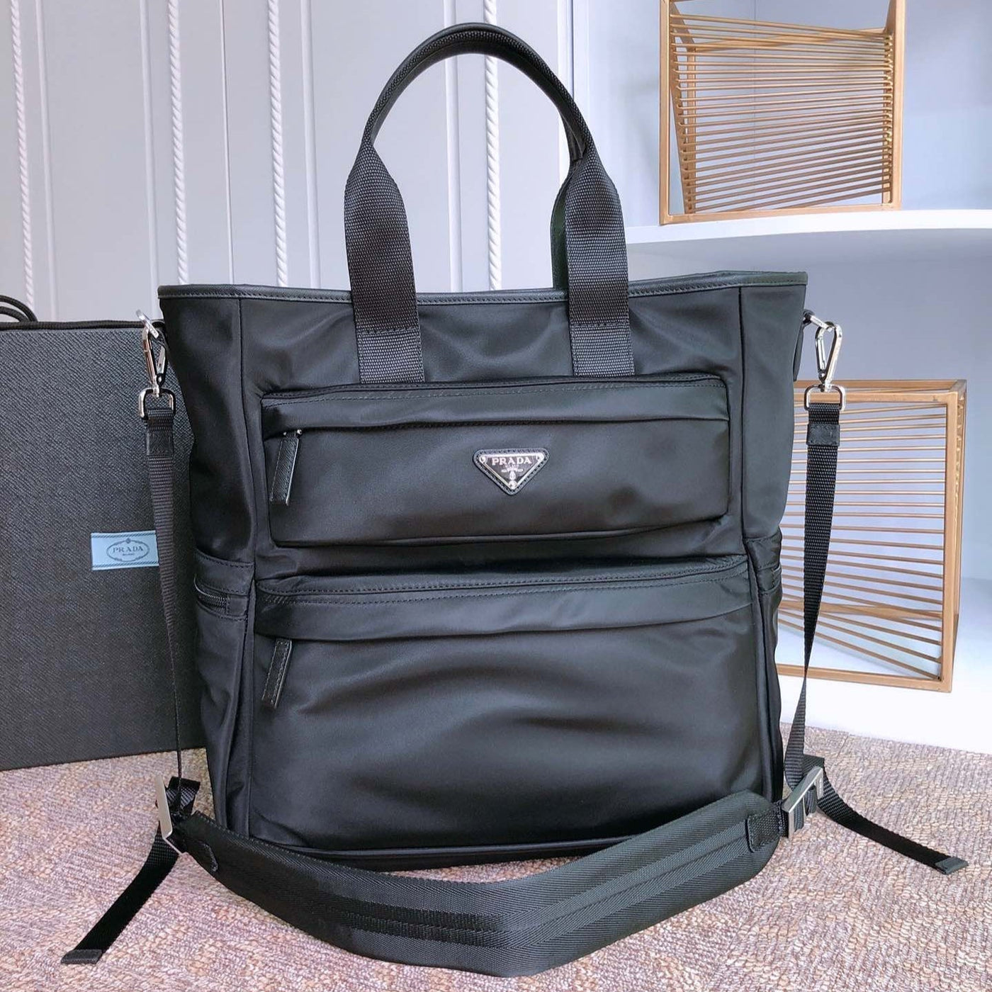 tote bag 38 in black re-nylon and saffiano leather trim - main image