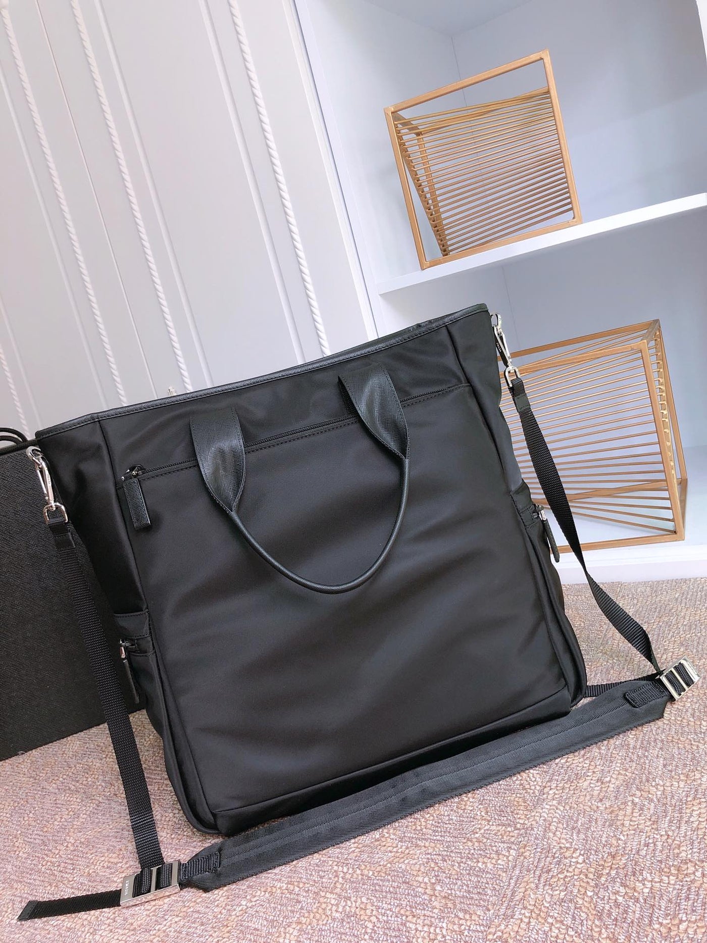 tote bag 38 in black re-nylon and saffiano leather trim - image 2