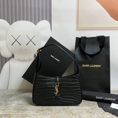 saint laurent le 5 à 7 green crocodile-effect leather shoulder bag in black - main image