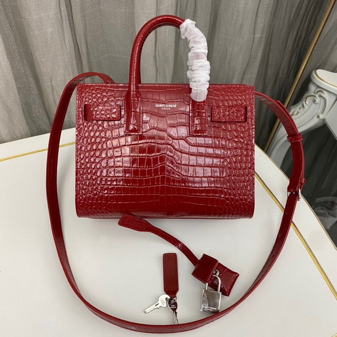 saint laurent paris saint laurent red croc embossed leather nano classic sac de jour tote - main image