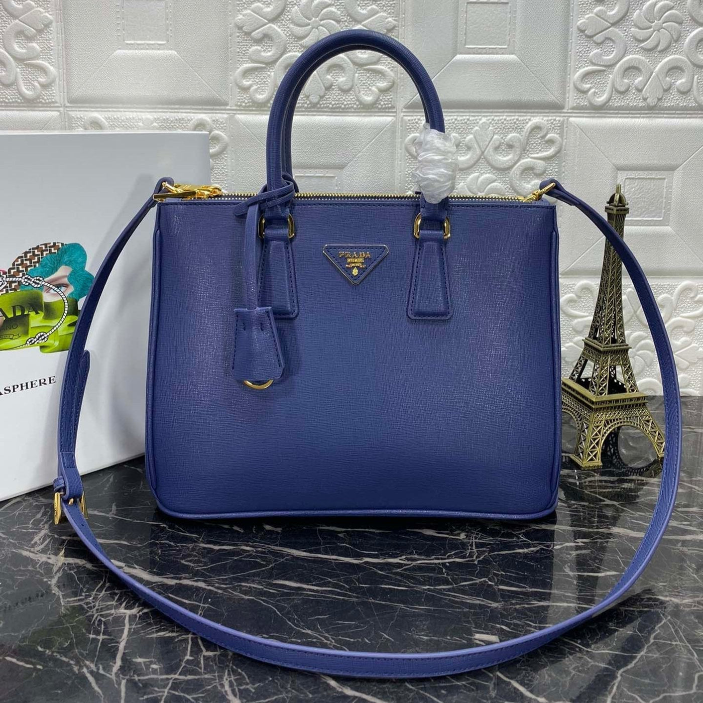 pra galleria 32 bag in navy blue saffiano leather - main image