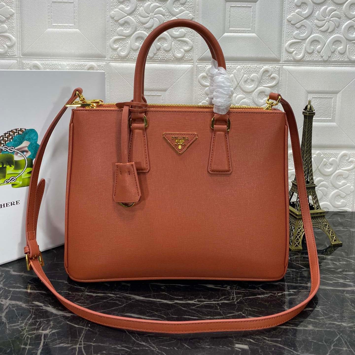 pra galleria 32 bag in bronze orange saffiano leather - main image