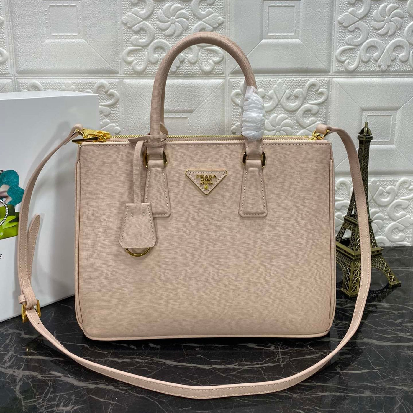 pra galleria 32 bag in beige saffiano leather - main image