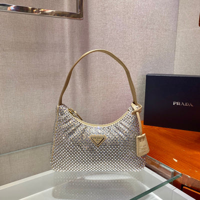 sparkling hobo bag 23 in beige nylon attached fully crystals - main image