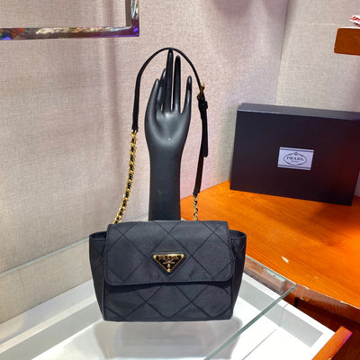 small quilted flap bag 18 in black re-nylon fabric gold chain - main image