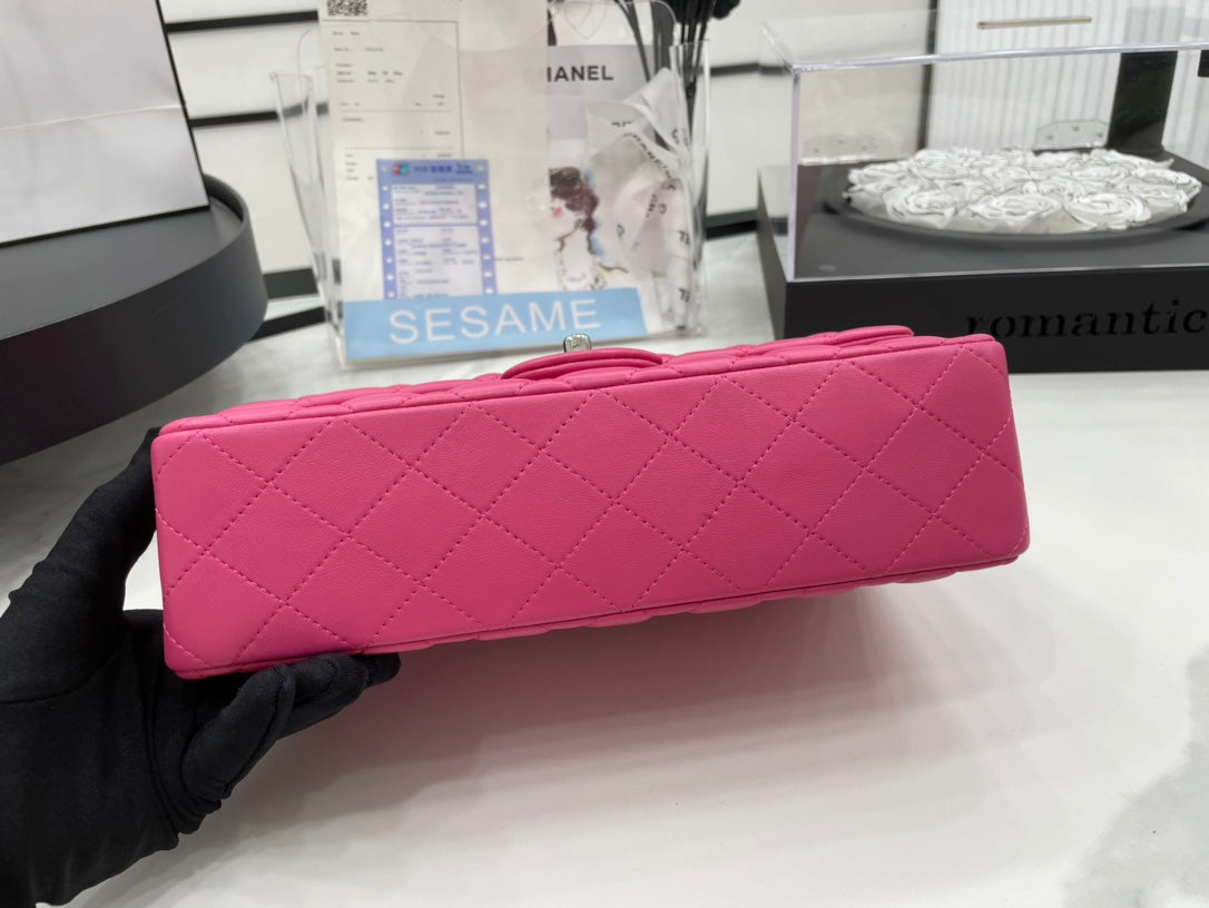 CC 25 CLASSIC SMALL DOUBLE FLAP BAG IN BRIGHT PINK CALFSKIN WITH STRAP - Image 11