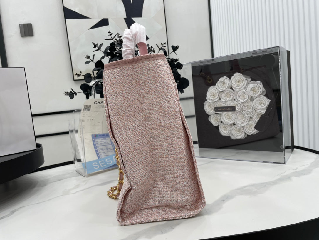CC DEAUVILLE LARGE 38 TOTE BAG IN LIGHT PINK CANVAS GOLD HARDWARE - Image 11