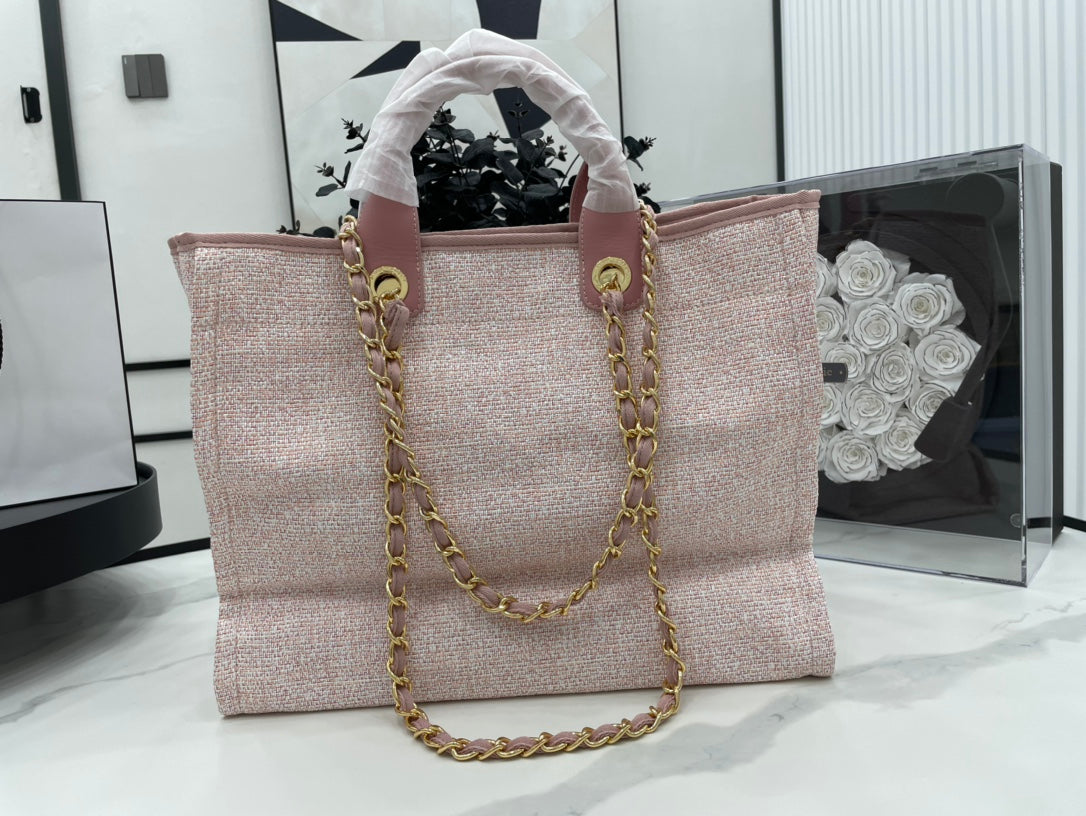CC DEAUVILLE LARGE 38 TOTE BAG IN LIGHT PINK CANVAS GOLD HARDWARE - Image 5