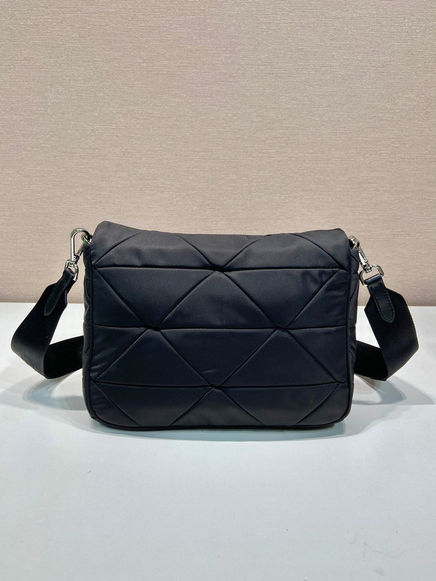 medium flap bag 24 in black triangular quilted pattern re-nylon - image 2