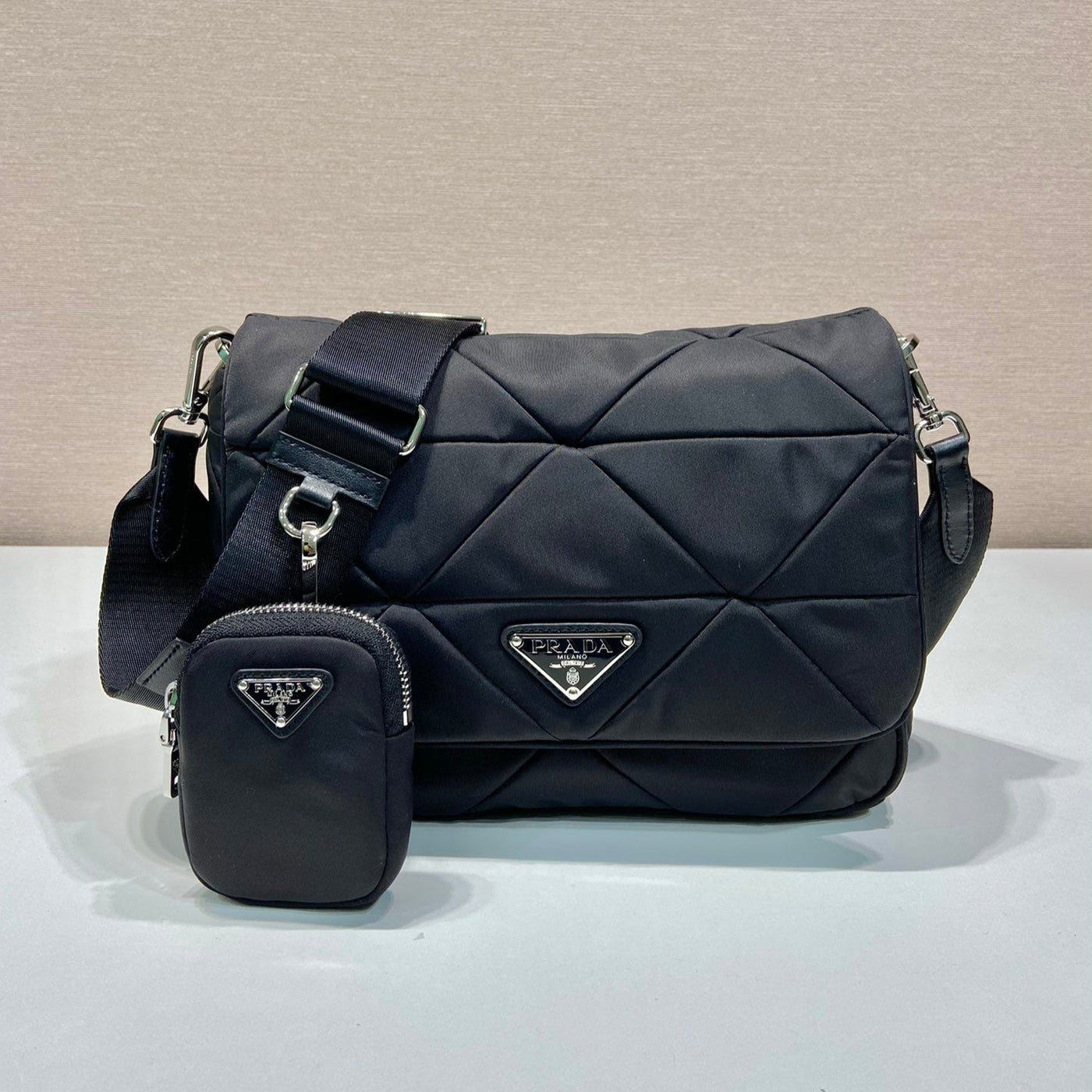 medium flap bag 24 in black triangular quilted pattern re-nylon - main image