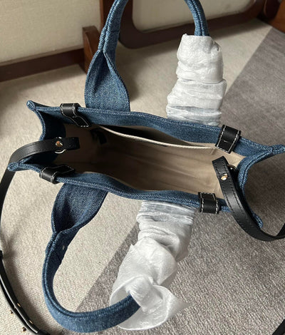 SMALL WOODY TOTE BAG 26.5 IN BLUE DENIM BLACK CALFSKIN - Image 7
