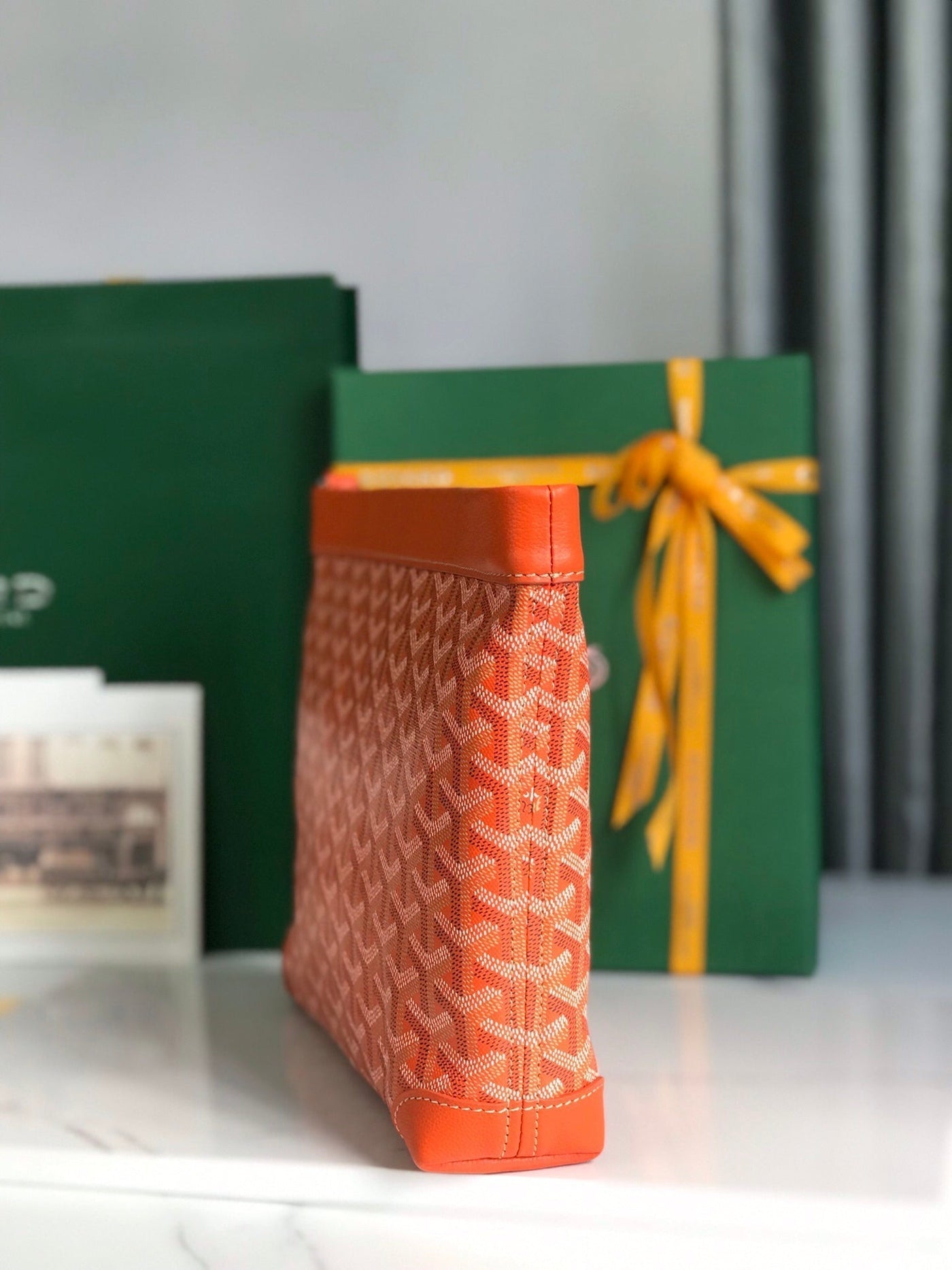 CONTI POUCH 24 IN ORANGE LAMBSKIN AND GOYARDINE CANVAS