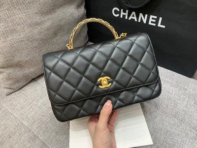 SMALL FLAP BAG 24CM TOP HANDLE BLACK LAMBSKIN GOLD HARDWARE - Image 7