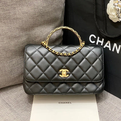 SMALL FLAP BAG 24CM TOP HANDLE BLACK LAMBSKIN GOLD HARDWARE - Image 3