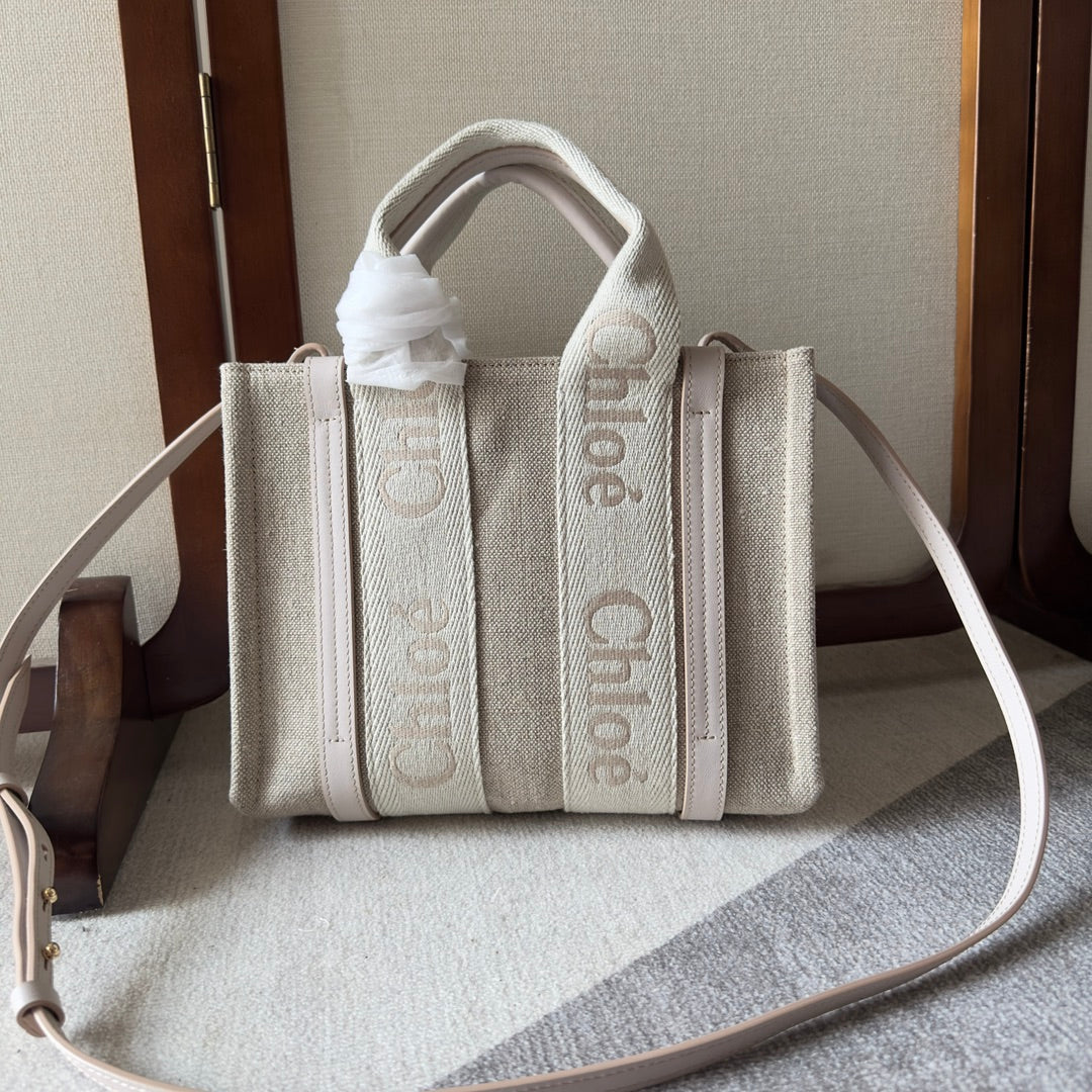 SMALL WOODY TOTE BAG 26.5 IN BEIGE LINEN CANVAS WEBBING LOGO EMBROIDER COTTON WHITE CALFSKIN - Main Image
