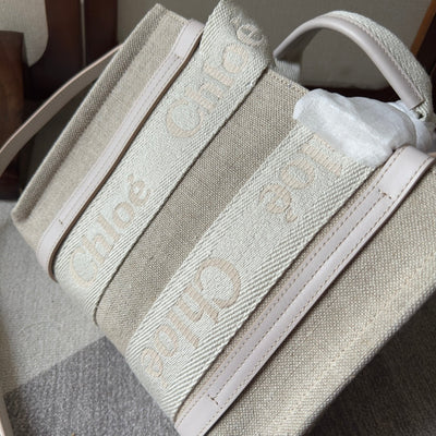 SMALL WOODY TOTE BAG 26.5 IN BEIGE LINEN CANVAS WEBBING LOGO EMBROIDER COTTON WHITE CALFSKIN - Image 6