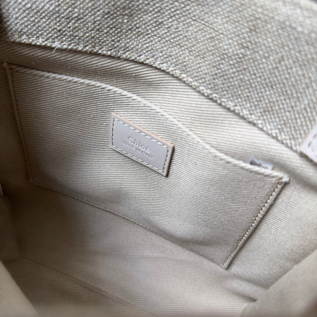 SMALL WOODY TOTE BAG 26.5 IN BEIGE LINEN CANVAS WEBBING LOGO EMBROIDER COTTON WHITE CALFSKIN - Image 9