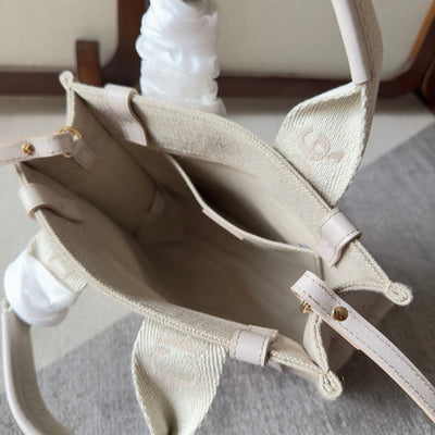 SMALL WOODY TOTE BAG 26.5 IN BEIGE LINEN CANVAS WEBBING LOGO EMBROIDER COTTON WHITE CALFSKIN - Image 10