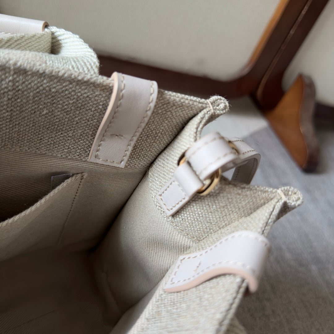 SMALL WOODY TOTE BAG 26.5 IN BEIGE LINEN CANVAS WEBBING LOGO EMBROIDER COTTON WHITE CALFSKIN - Image 7
