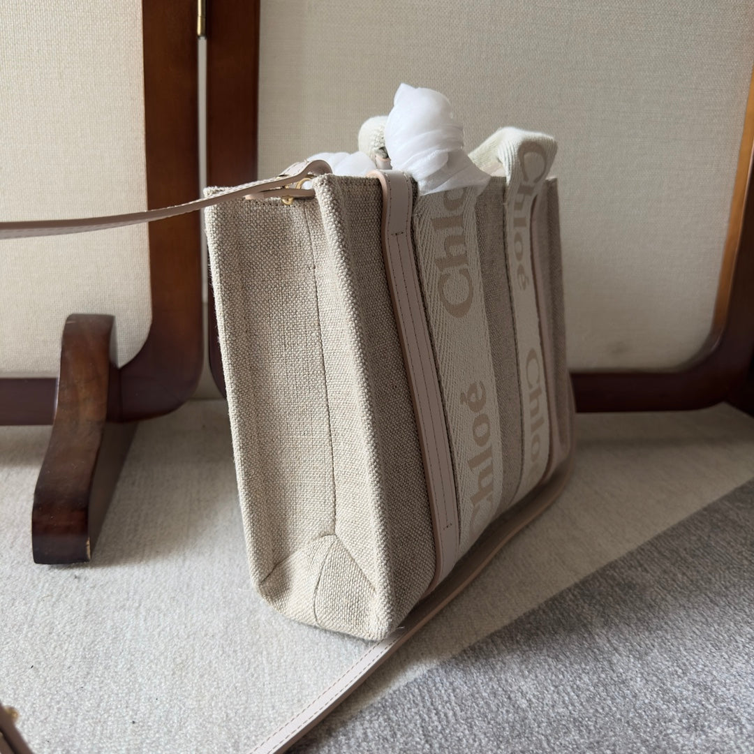 SMALL WOODY TOTE BAG 26.5 IN BEIGE LINEN CANVAS WEBBING LOGO EMBROIDER COTTON WHITE CALFSKIN - Image 2
