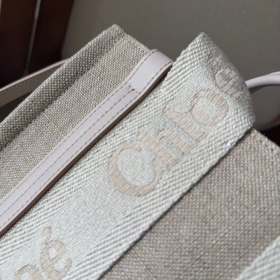 SMALL WOODY TOTE BAG 26.5 IN BEIGE LINEN CANVAS WEBBING LOGO EMBROIDER COTTON WHITE CALFSKIN - Image 8