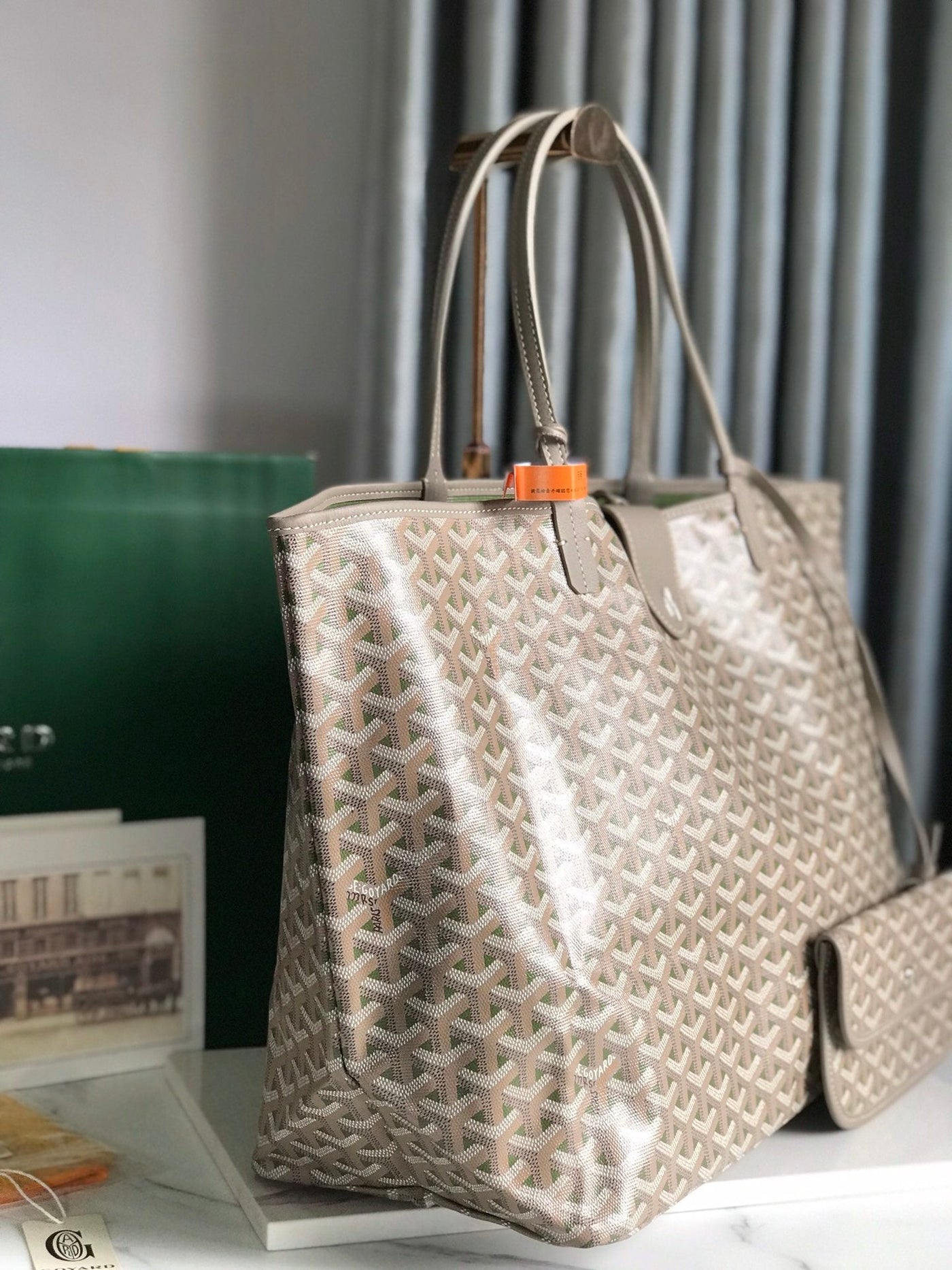 SAINT LOUIS GM 40 IN GREY MIX GREEN GOYARDINE CANVAS AND CALFSKIN