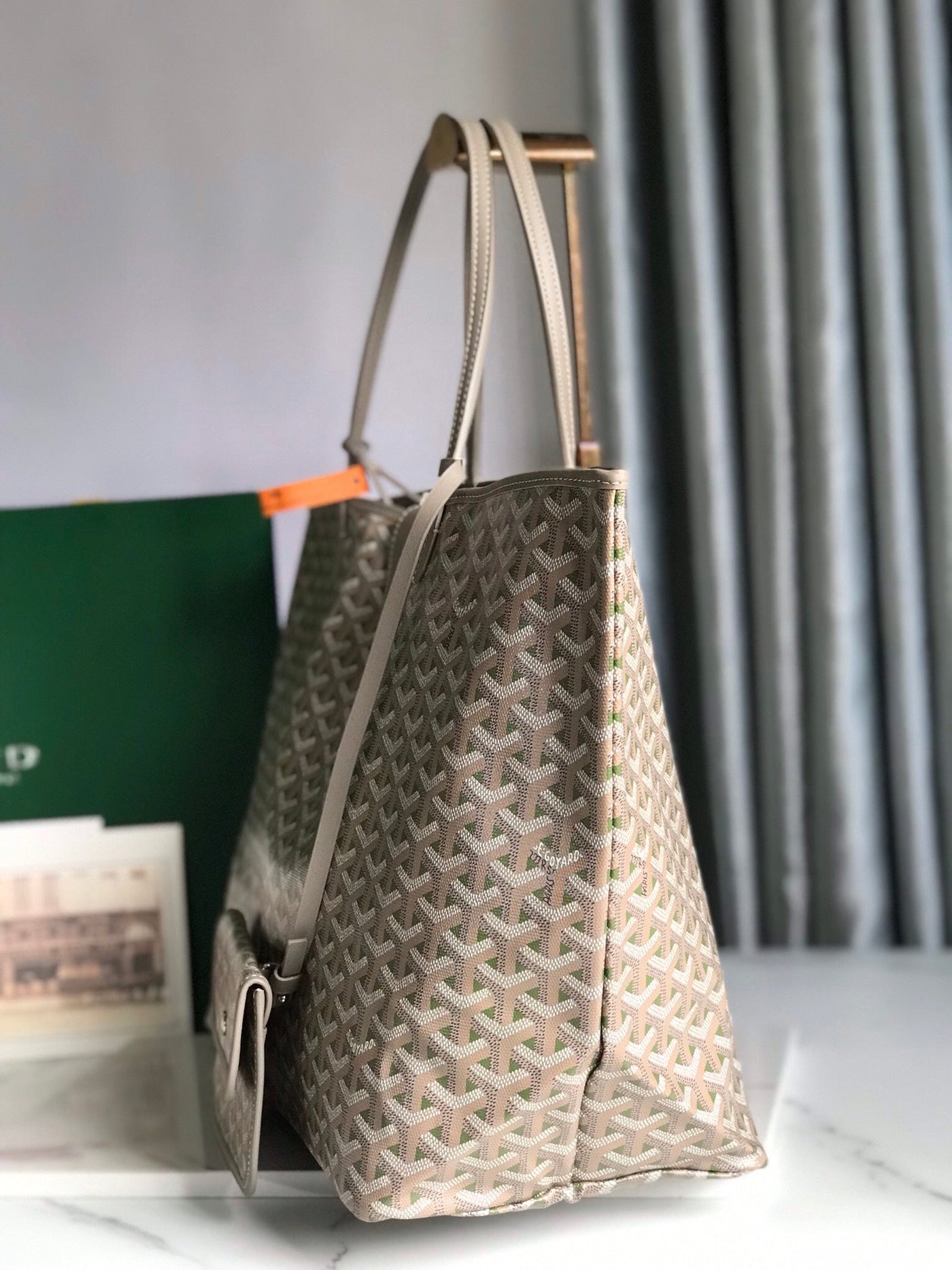 SAINT LOUIS GM 40 IN GREY MIX GREEN GOYARDINE CANVAS AND CALFSKIN