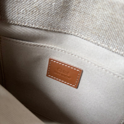 SMALL WOODY TOTE BAG 26.5 IN BEIGE LINEN CANVAS WEBBING LOGO EMBROIDERY BROWN CALFSKIN - Image 2
