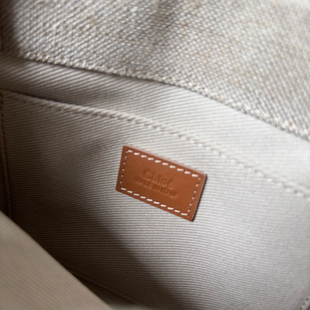 SMALL WOODY TOTE BAG 26.5 IN BEIGE LINEN CANVAS WEBBING LOGO EMBROIDERY BROWN CALFSKIN - Image 4