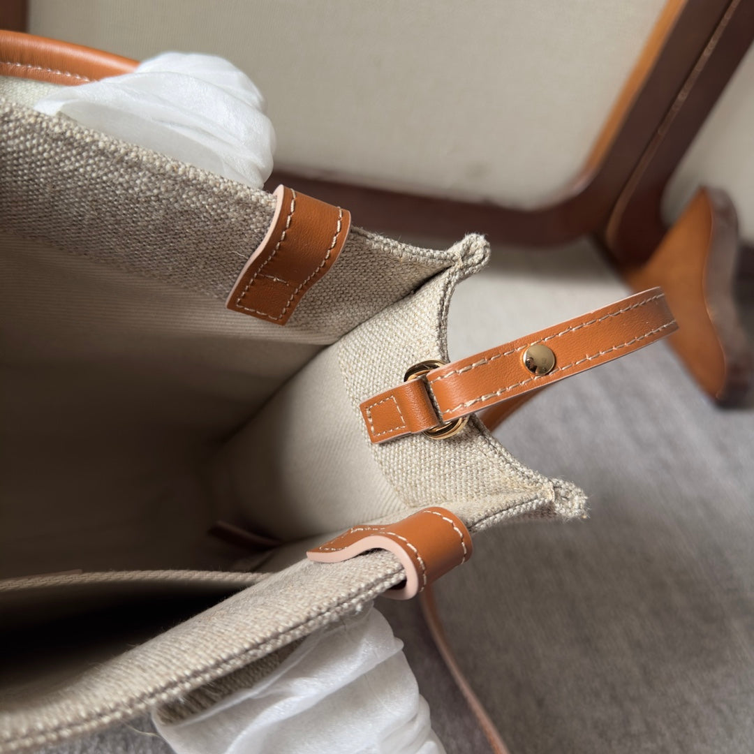 SMALL WOODY TOTE BAG 26.5 IN BEIGE LINEN CANVAS WEBBING LOGO EMBROIDERY BROWN CALFSKIN - Image 5