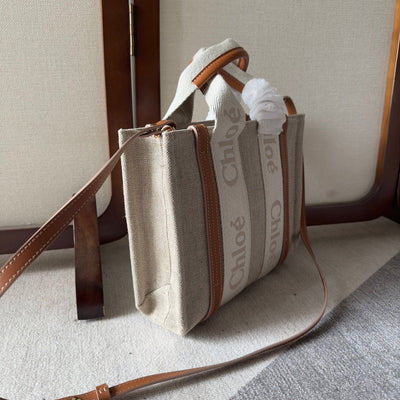 SMALL WOODY TOTE BAG 26.5 IN BEIGE LINEN CANVAS WEBBING LOGO EMBROIDERY BROWN CALFSKIN - Image 6