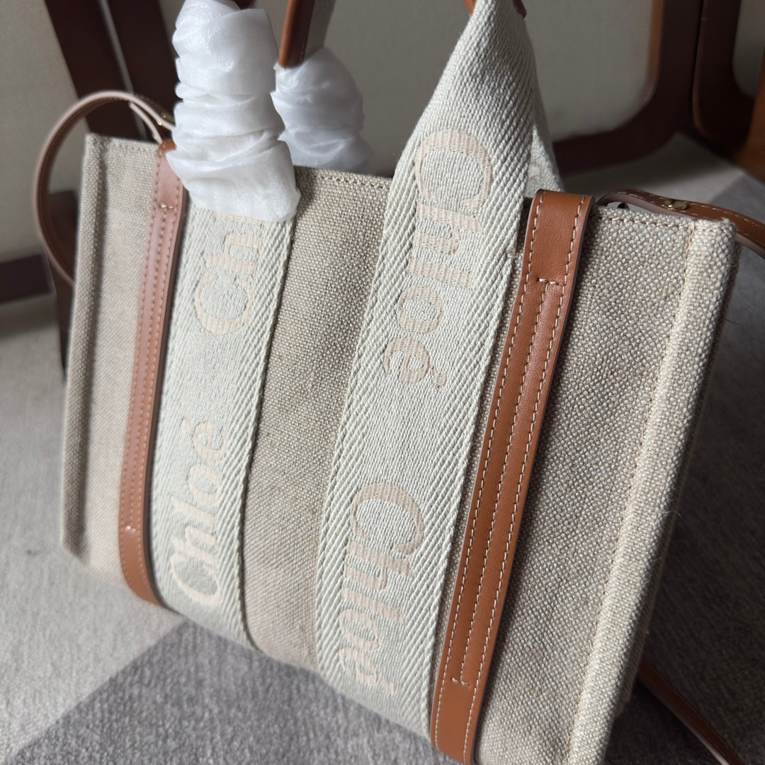 SMALL WOODY TOTE BAG 26.5 IN BEIGE LINEN CANVAS WEBBING LOGO EMBROIDERY BROWN CALFSKIN - Image 7