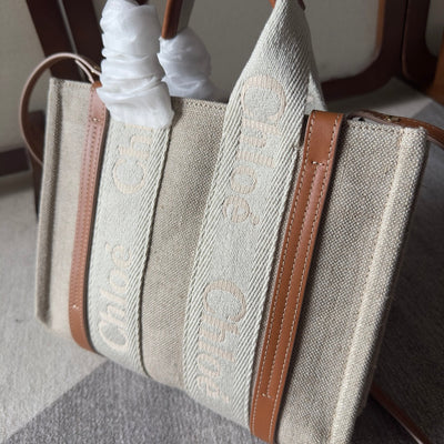 SMALL WOODY TOTE BAG 26.5 IN BEIGE LINEN CANVAS WEBBING LOGO EMBROIDERY BROWN CALFSKIN - Image 7