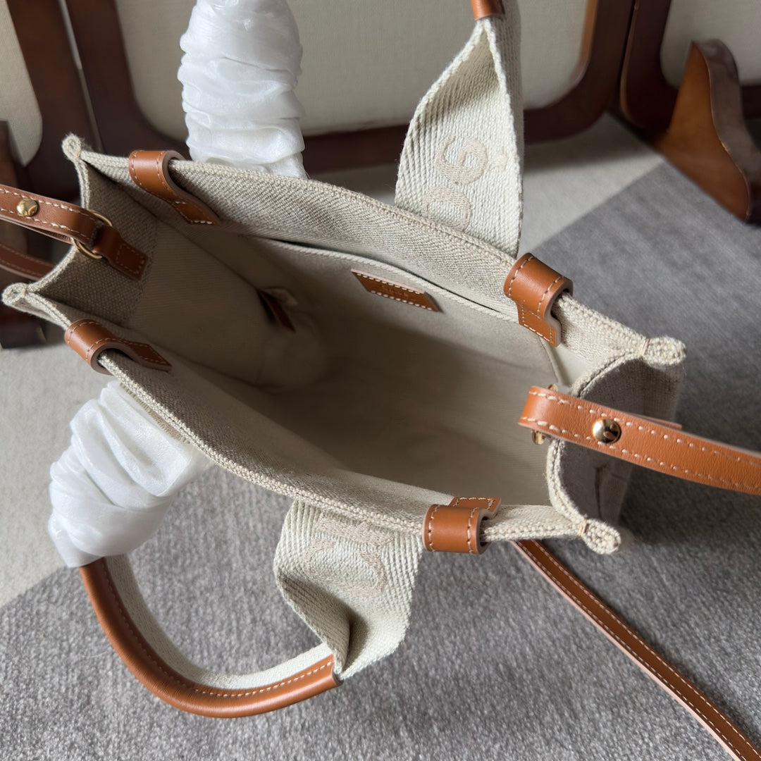 SMALL WOODY TOTE BAG 26.5 IN BEIGE LINEN CANVAS WEBBING LOGO EMBROIDERY BROWN CALFSKIN - Image 9