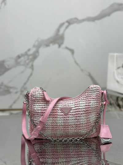CROCHET HOBO BAG 22 IN PINK MIX WHITE RAFFIA SILVER HARDWARE