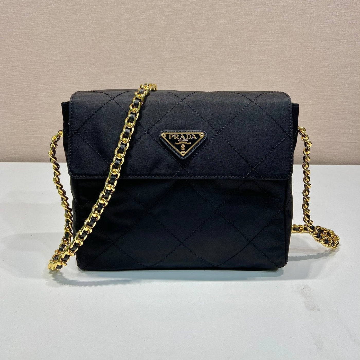 large quilted flap bag 23 in black re-nylon fabric gold chain - image 3