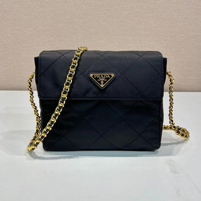 large quilted flap bag 23 in black re-nylon fabric gold chain - image 3
