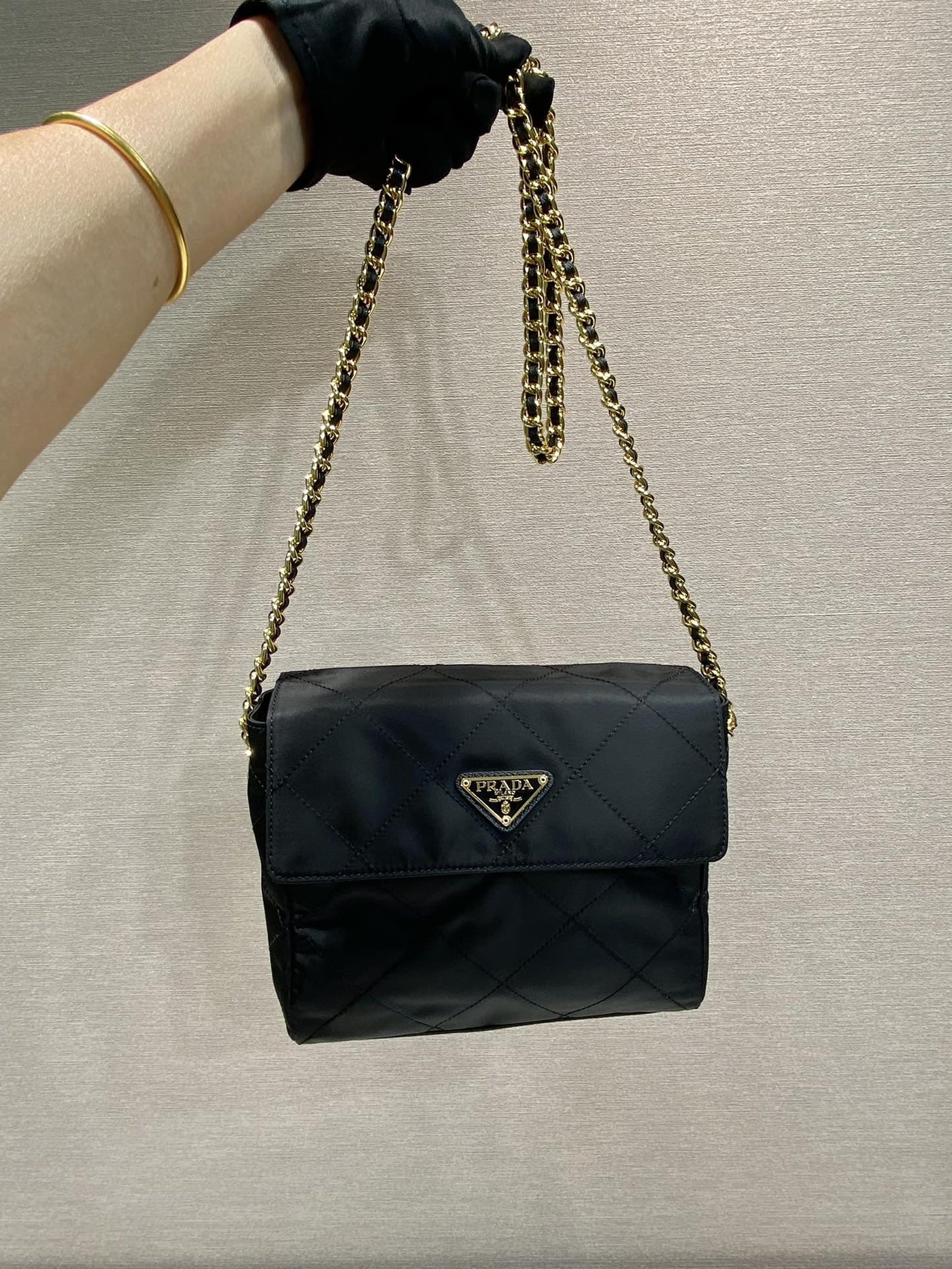 large quilted flap bag 23 in black re-nylon fabric gold chain - image 4