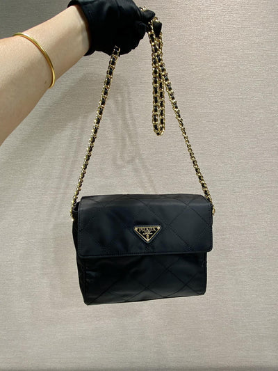large quilted flap bag 23 in black re-nylon fabric gold chain - image 4