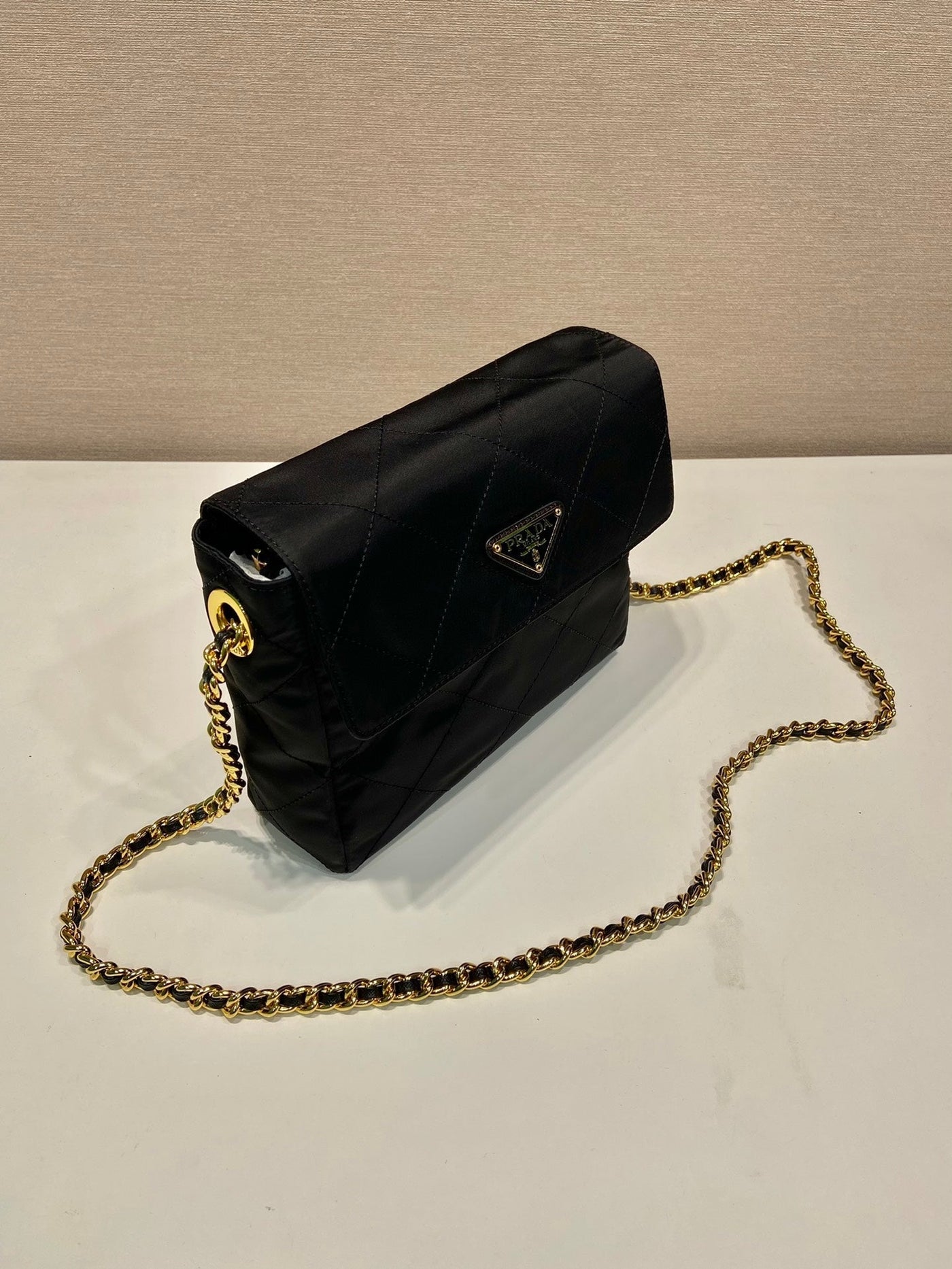 large quilted flap bag 23 in black re-nylon fabric gold chain - image 5