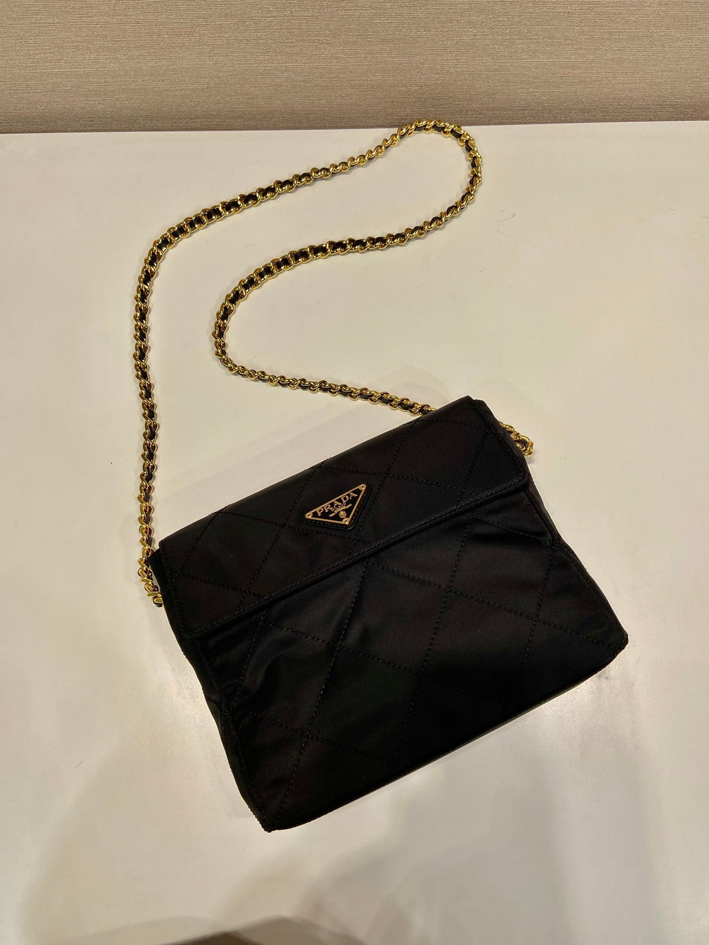large quilted flap bag 23 in black re-nylon fabric gold chain - image 8