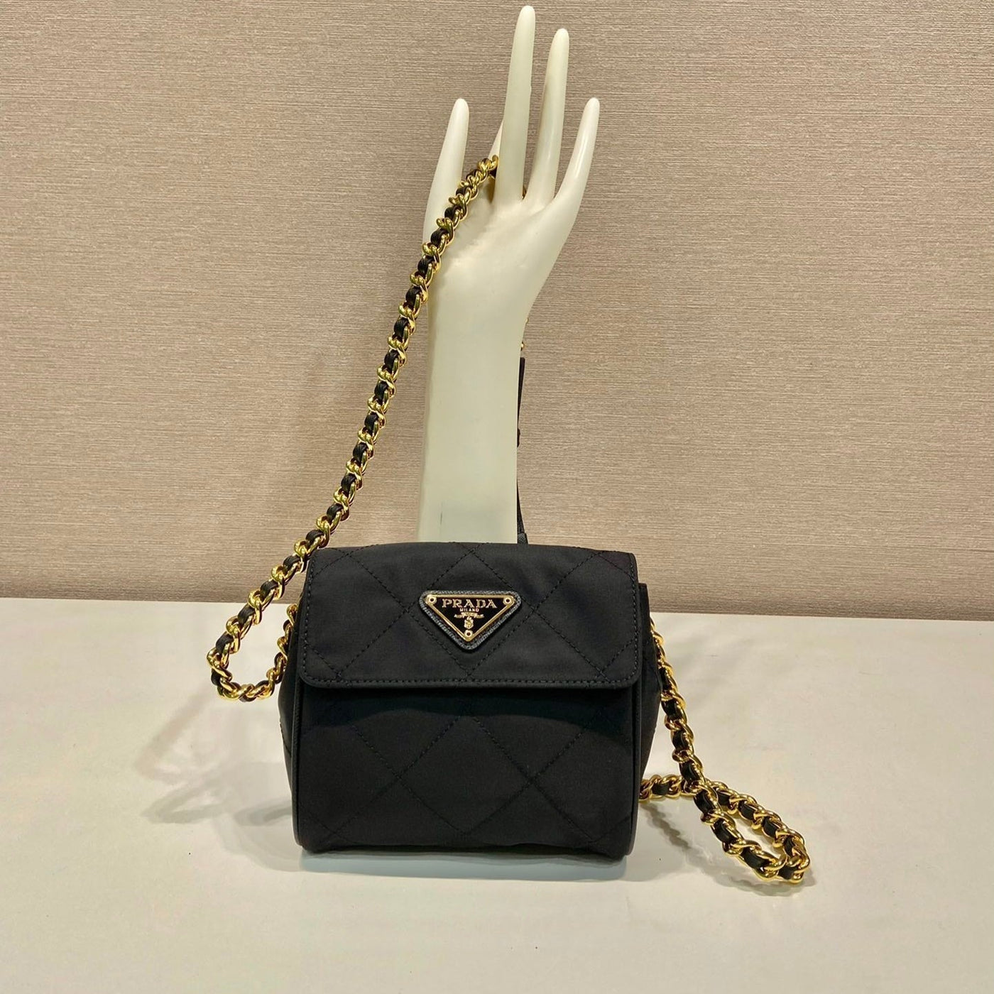 mini quilted flap bag 14 in black re-nylon fabric gold chain - main image