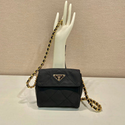 mini quilted flap bag 14 in black re-nylon fabric gold chain - main image