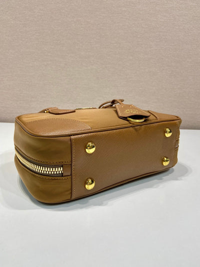 small top handle bag 25 in golden brown nylon and calfskin trim - image 2