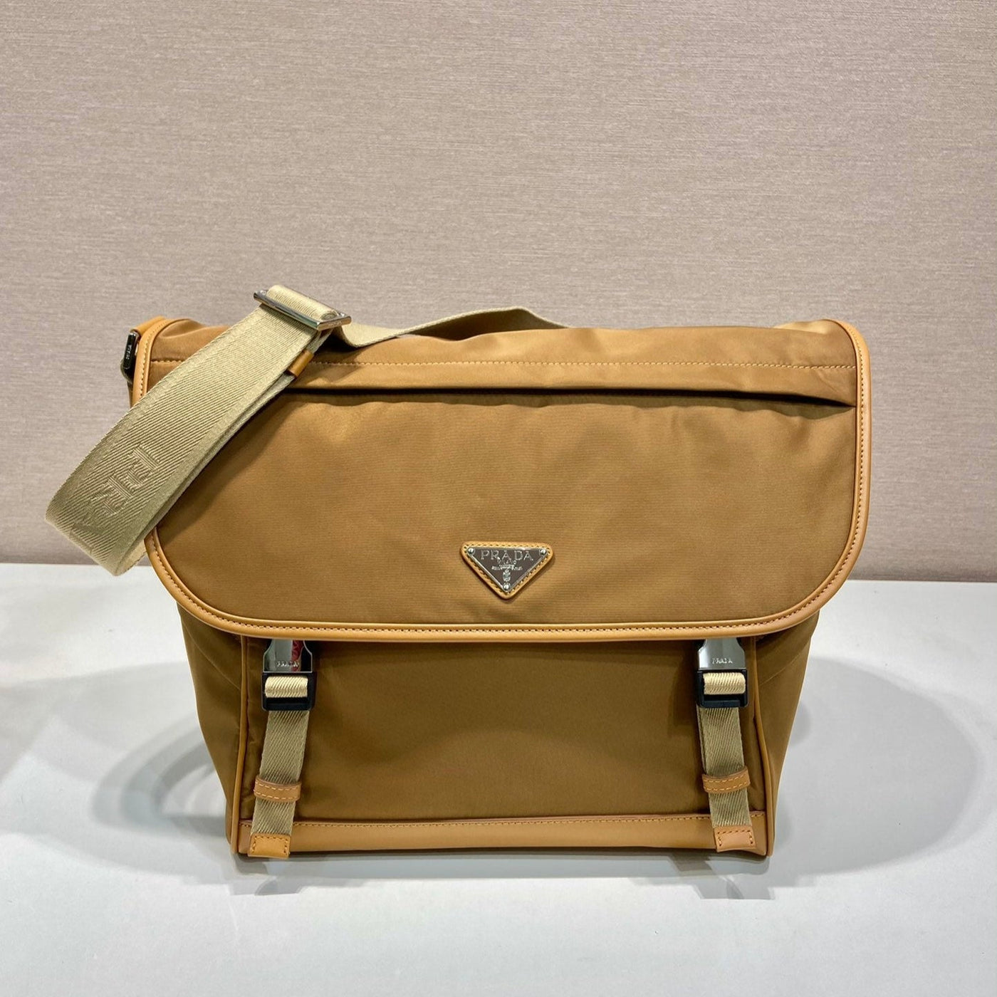 large flap bag 30 in cider brown re-nylon and calfskin trim - main image