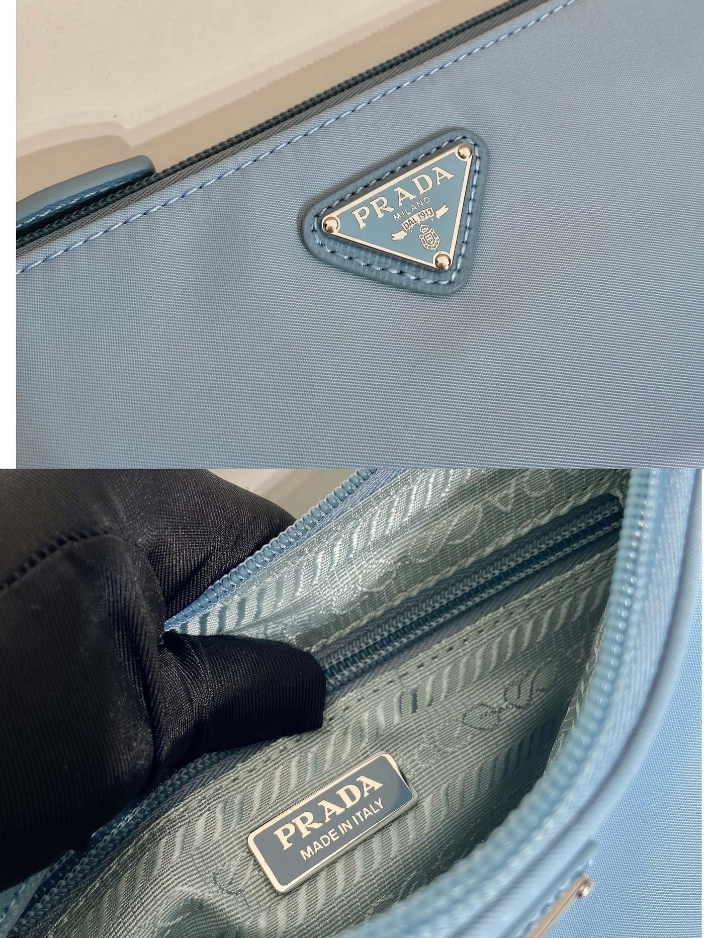 shoulder bag 24 with triangle logo in sky blue re-nylon fabric - image 6