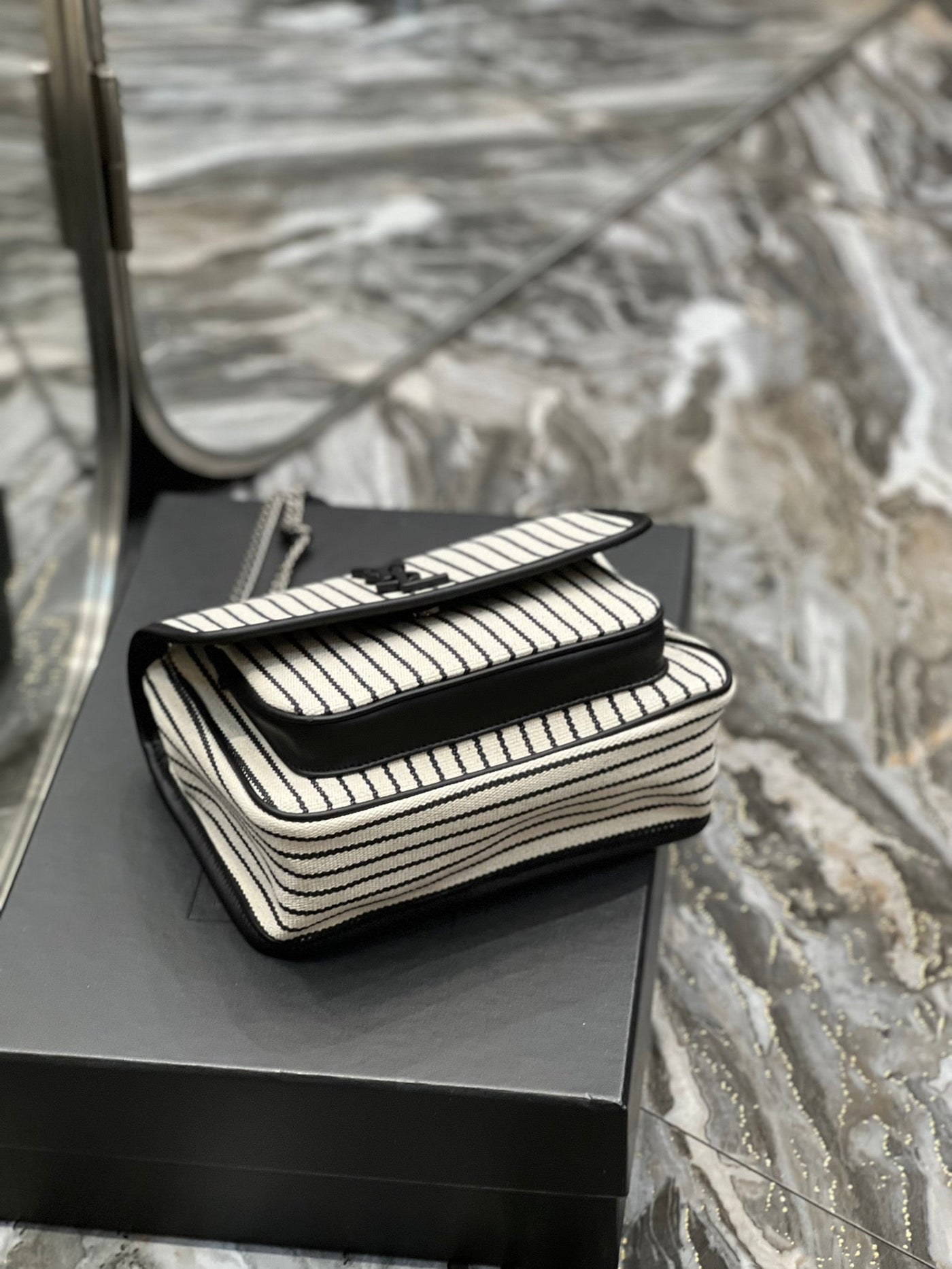 saint laurent cotton canvas striped vintage calfskin monogram medium niki chain satchel - image 2